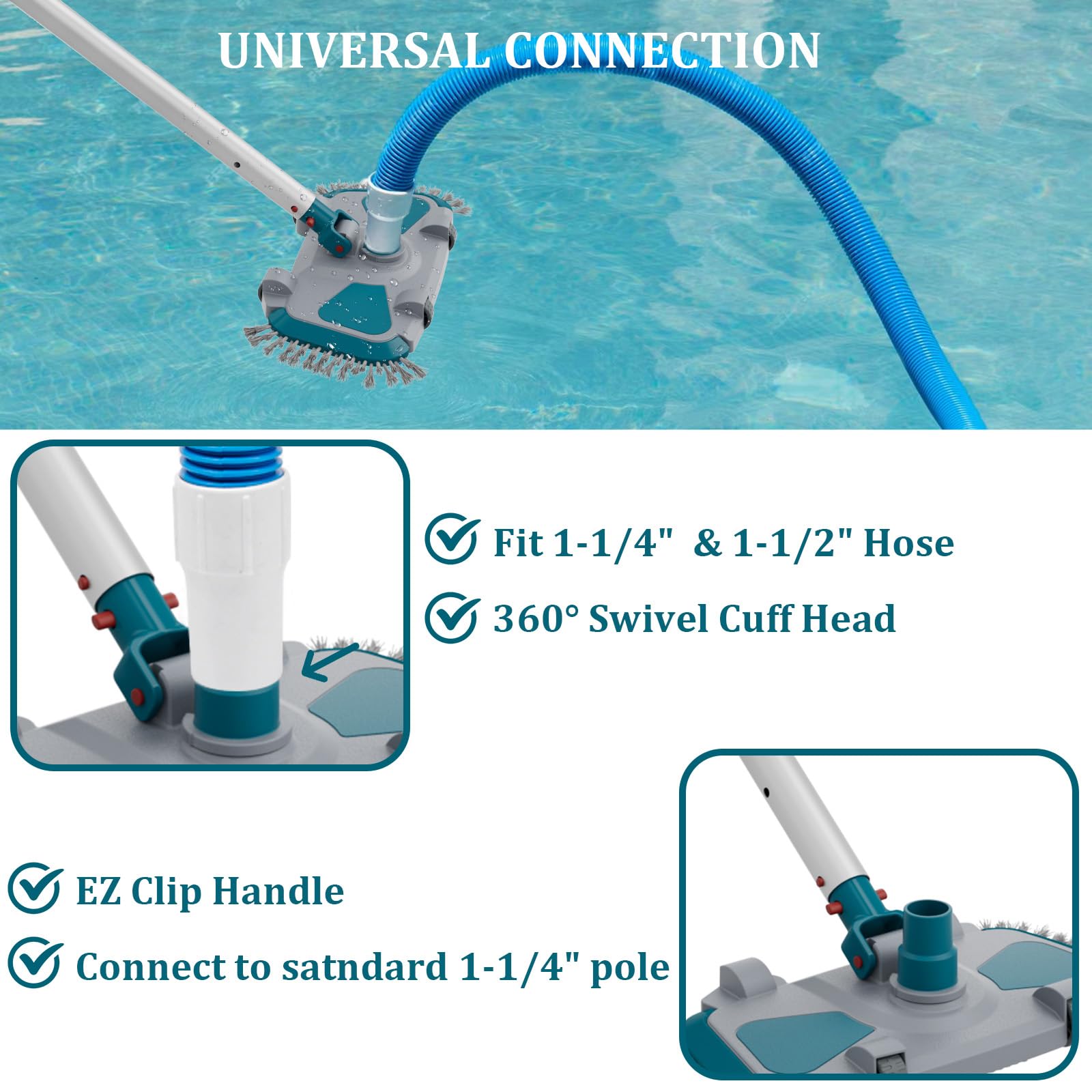 Cabezal de aspiradora rectangular con peso actualizado con cerdas laterales de nailon, conexión de manguera giratoria. Conecta manguera de 1-1/4 pulgadas, 1-1/2 pulgadas para piscinas enterradas y