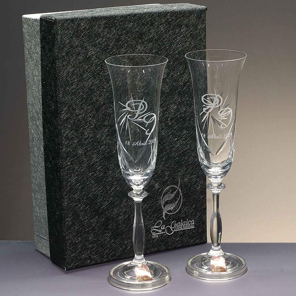 Set of 2 hand cut crystal champagne flute glasses - for grooms - weddings silver/gold - anniversaries - ANGELA-GRABADO collection - support in 925 sterling silver - custom engraving.