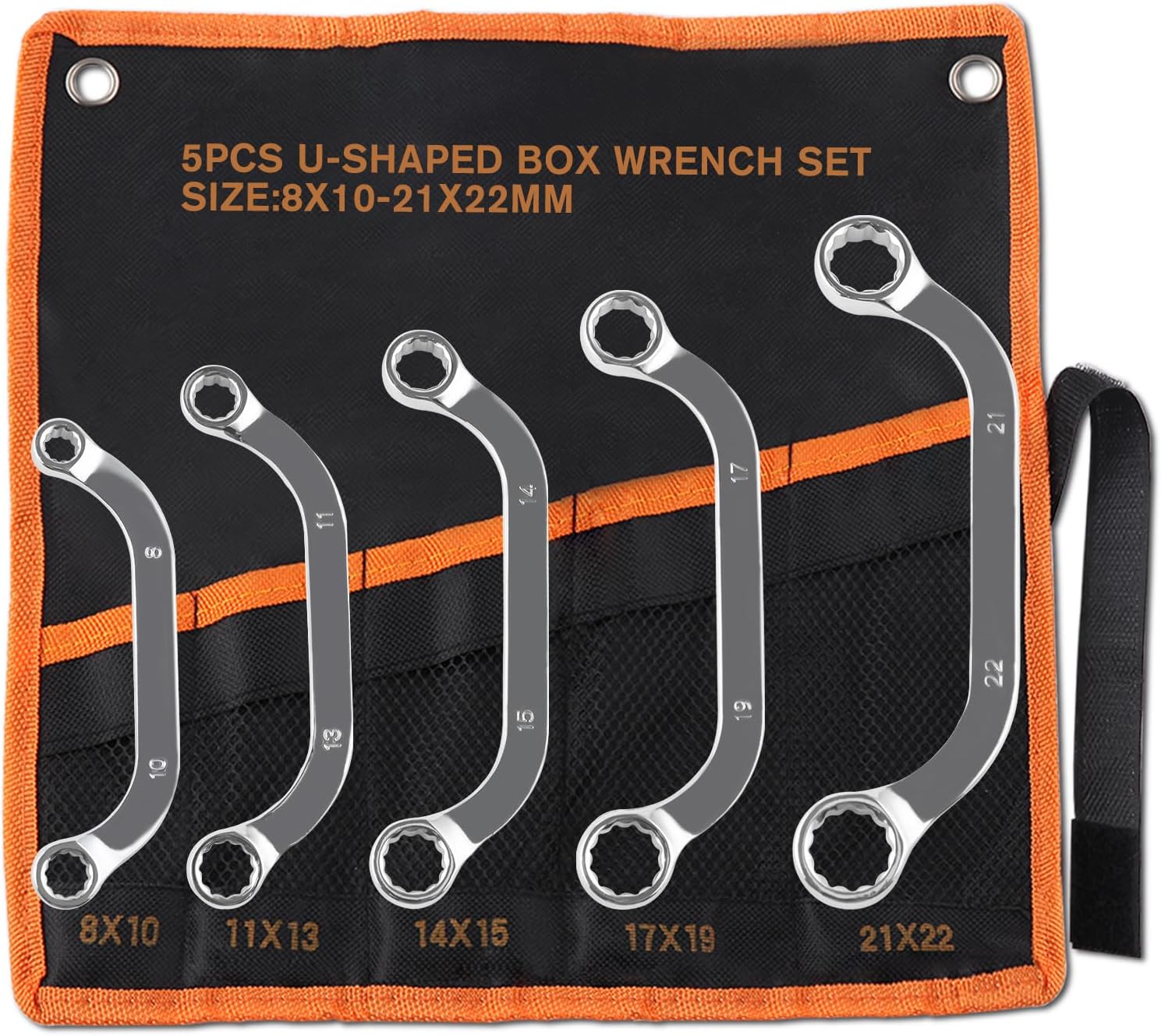 Metric Half Moon Wrench Set, 5-Piece, 8mm to 22mm, Box-End Obstruction Wrench Set with Storage Pouch