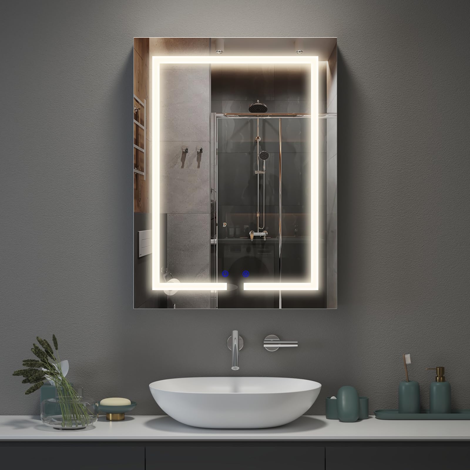 Armario Espejo para Baño con Iluminación LED, 3 Colores de Luz 6000K, Función Antivaho, Montaje en Pared, con Enchufe y Estante, Ahorra Espacio, Armario de Baño Moderno, 60 x 80cm, Blanco