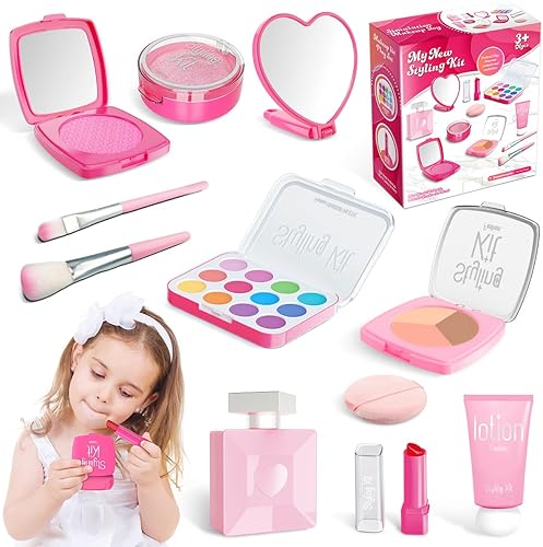 Kit de maquillaje falso para niños con espejo, juguetes de maquillaje para niñas, regalos de cumpleaños para niños de 3, 4, 5, 6, 7, 8, 9, 10, 11,