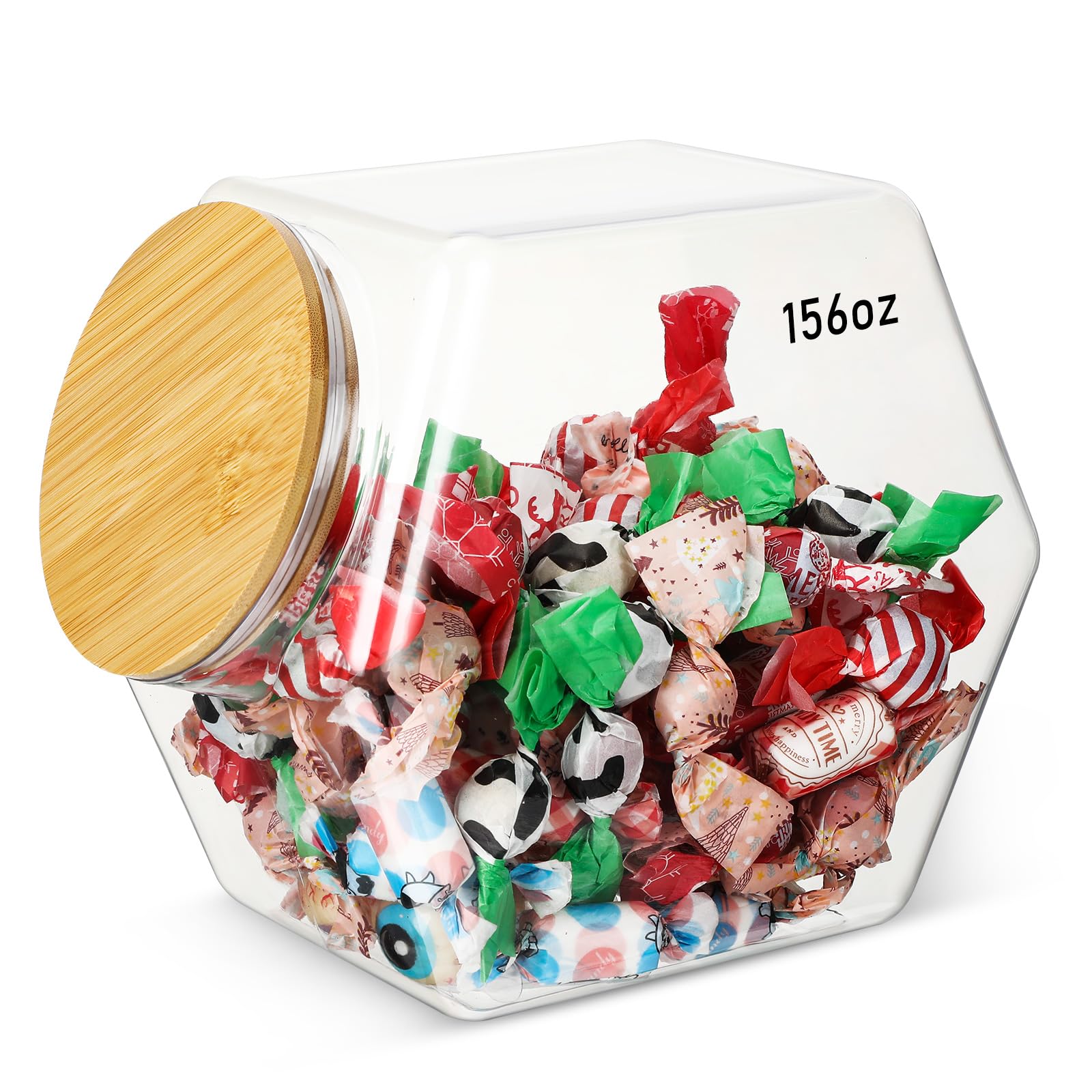 Pickmesh 1 Pc 156 oz Hexagonal Plastic Candy Jar with Airtight Bamboo Lid Hexagon Cookie Jars Clear Containers for Kitchen Storage Snacks,dog Food, Coffee Pod, Laundry Pod