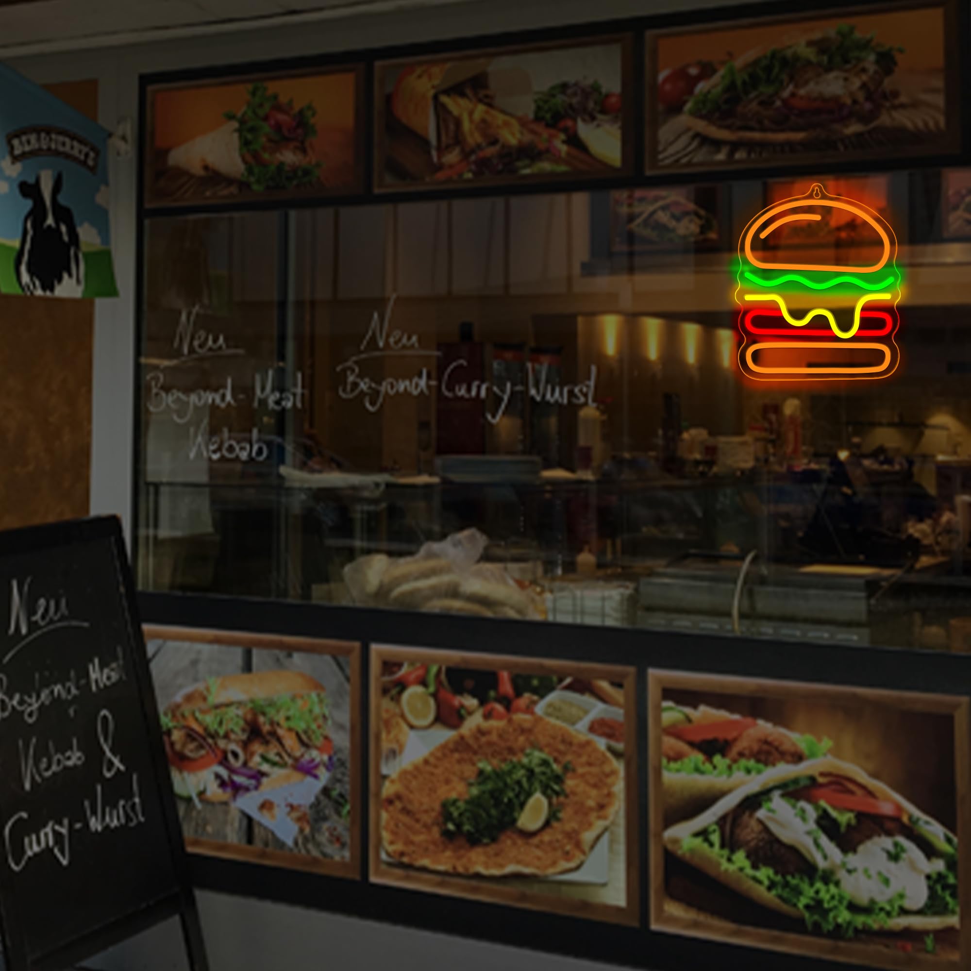 Attivolife Panneau néon hamburger pour décoration murale, lampe lumineuse de délicieux aliments avec alimentation USB faible, décoration unique pour magasin de restauration rapide, restaurant, Noël