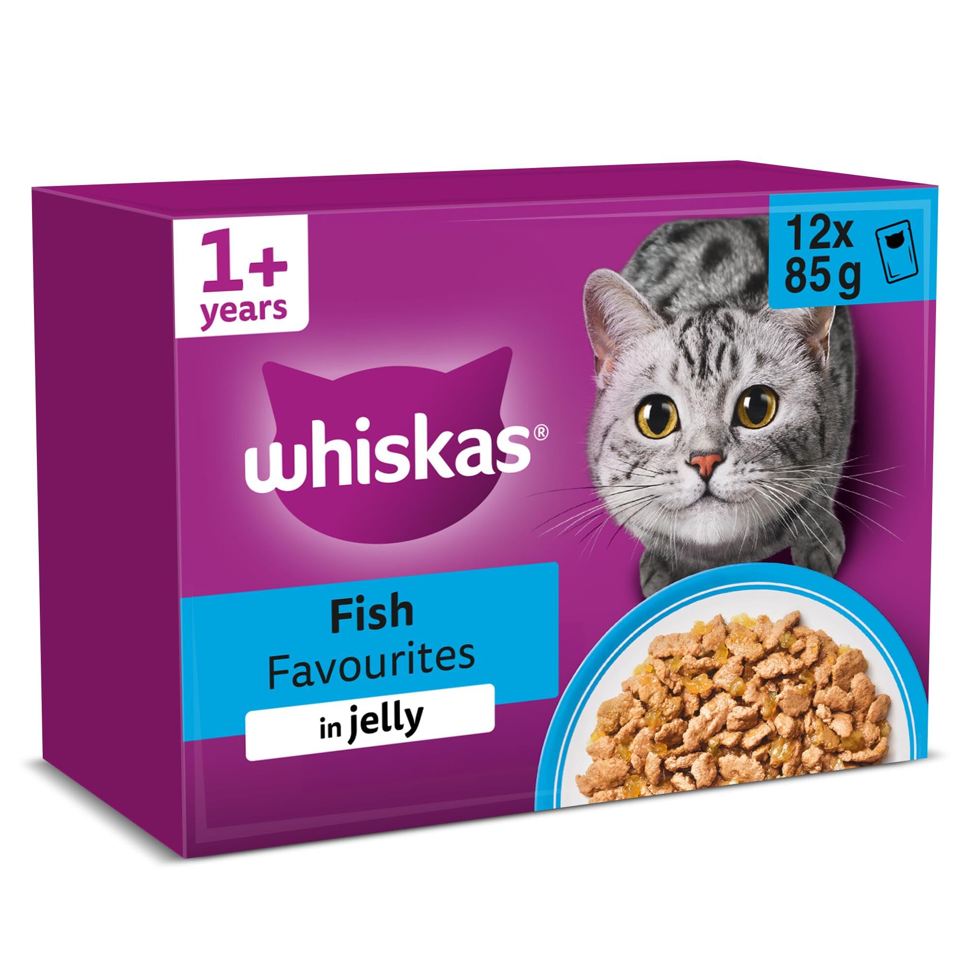 WHISKAS Adult Wet Cat Food in Jelly 12x85g Fish Favourites (Pack of 4)
