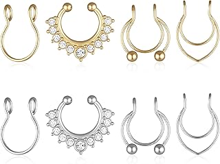Fake Septum Ring, 8 Pcs Fake Nose Ring Stainless Steel Faux Septum Piercings Clip On Faux Nose Rings for Women Men Non Piercing Nose Jewelry (Gold, Silver)