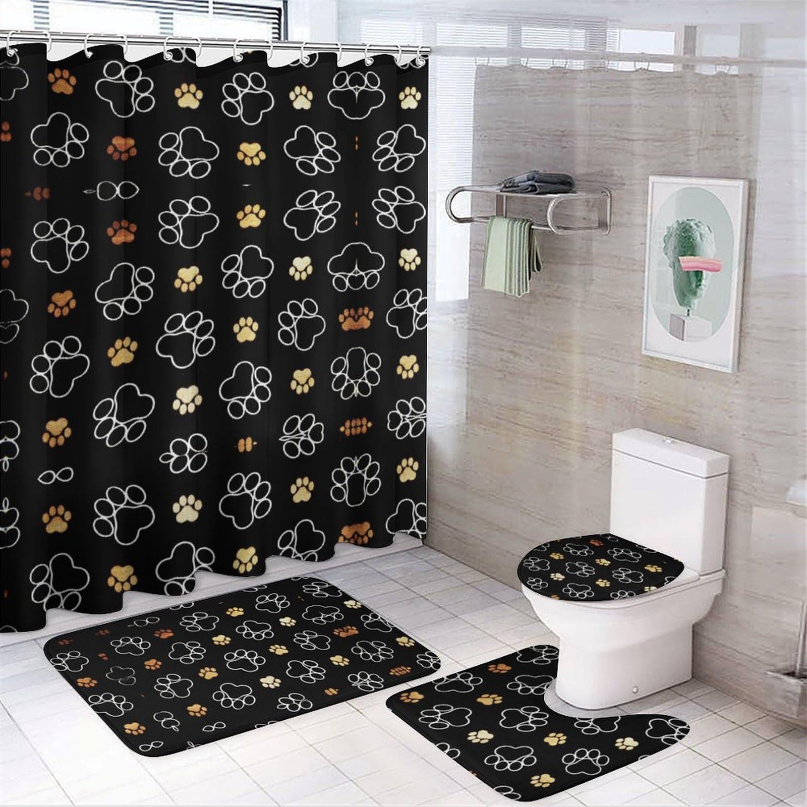 Wlntrophic Bathroom Mat Set 4 Piece, Dog Paw Prints Shower Curtain with Non-Slip Bath Mats for Bathroom