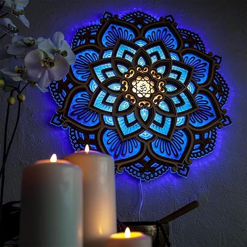 Wooden Mandala Wall Art, Lotus Flower Wall Decor with Led