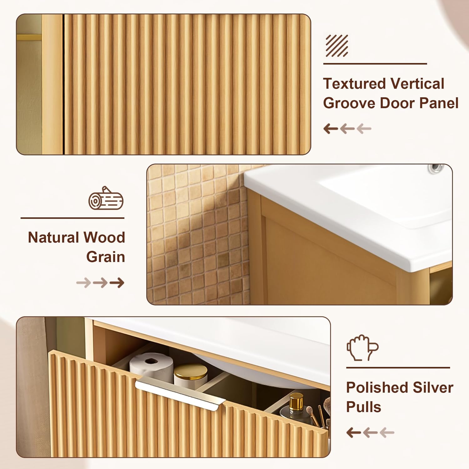 24 Fluted Bathroom Vanity with Ceramic Sink, Bathroom Storage Cabinet with Open Shelf and Closed Storage for Small Room, Easy Assembly & Cleaning, Natural Wood