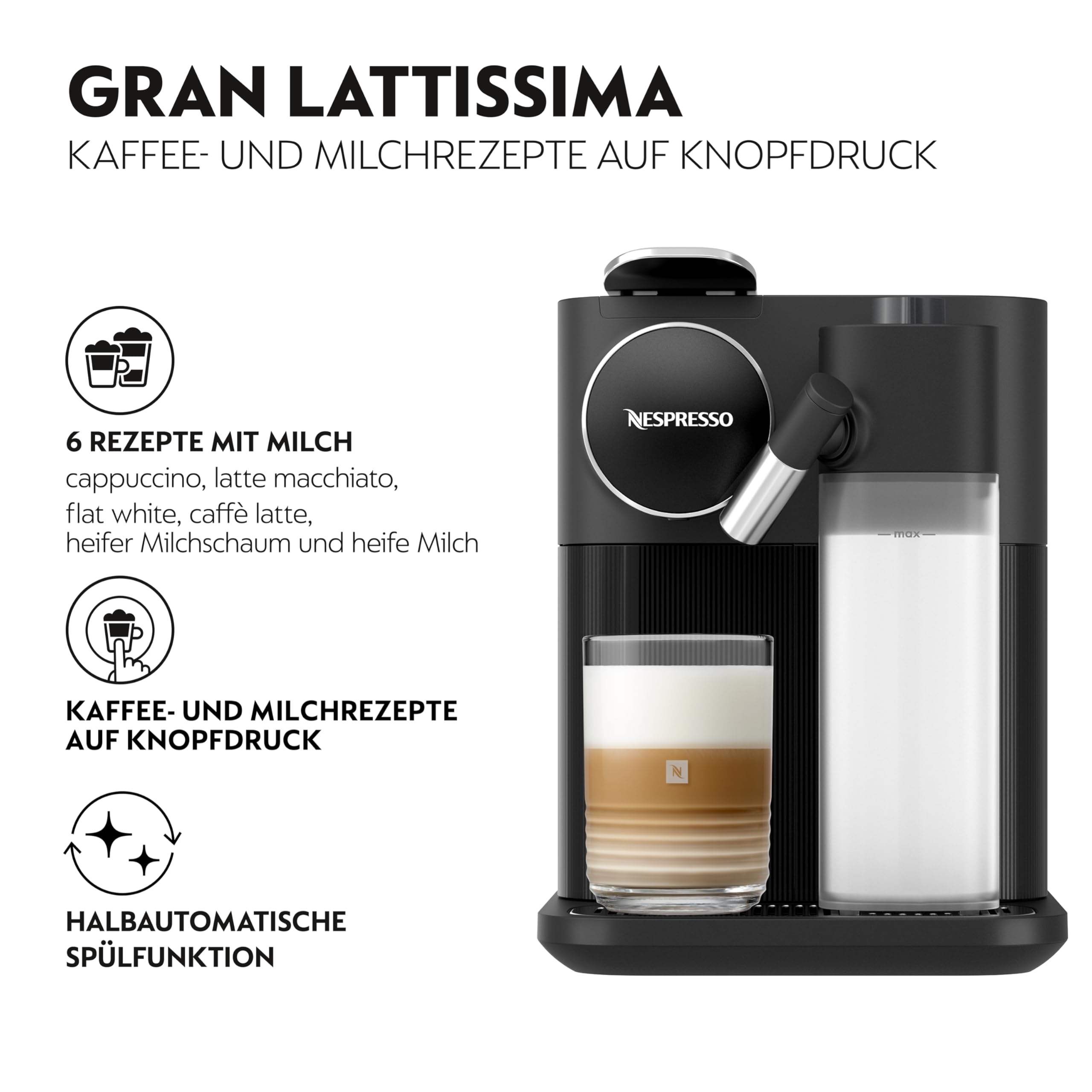 De Longhi Nespresso Gran Lattissima EN 640.B Kaffeemaschine mit Milchaufschäumer 19 bar Schwarz