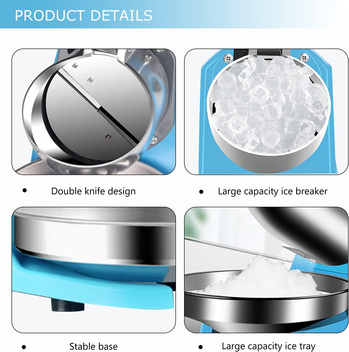 NEWTRY Ice Crusher Snow Cone Maker Machine 1400r/min 350W Electric Ice Shaver High Power Dual Blades for Home and Commercial Use