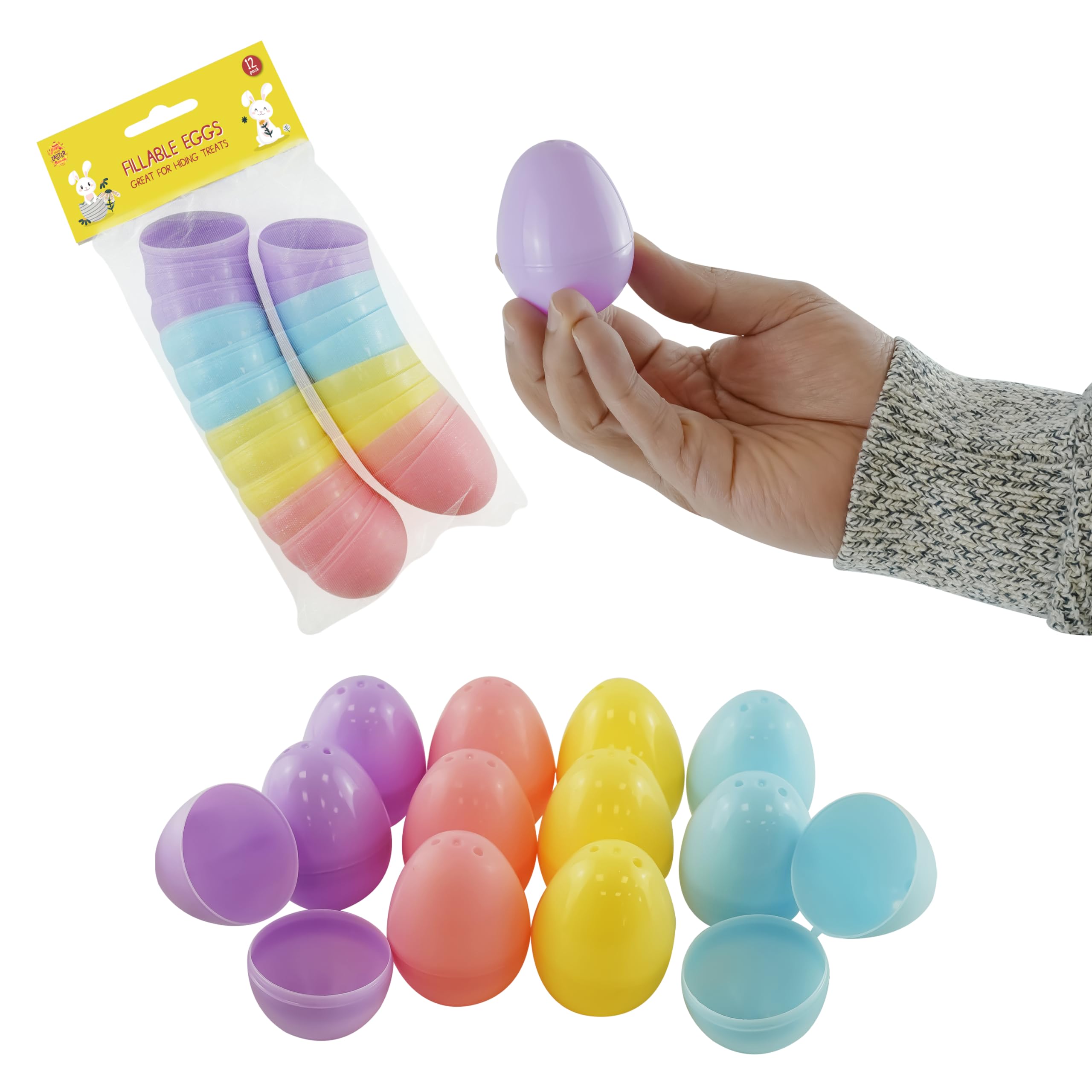 HOVUK 12Pcs Fillable Plastic Easter Eggs for Egg Hunts and Party Favors, Colorful Eggs for Easter Toy Basket and Hunting Games-5.5cm