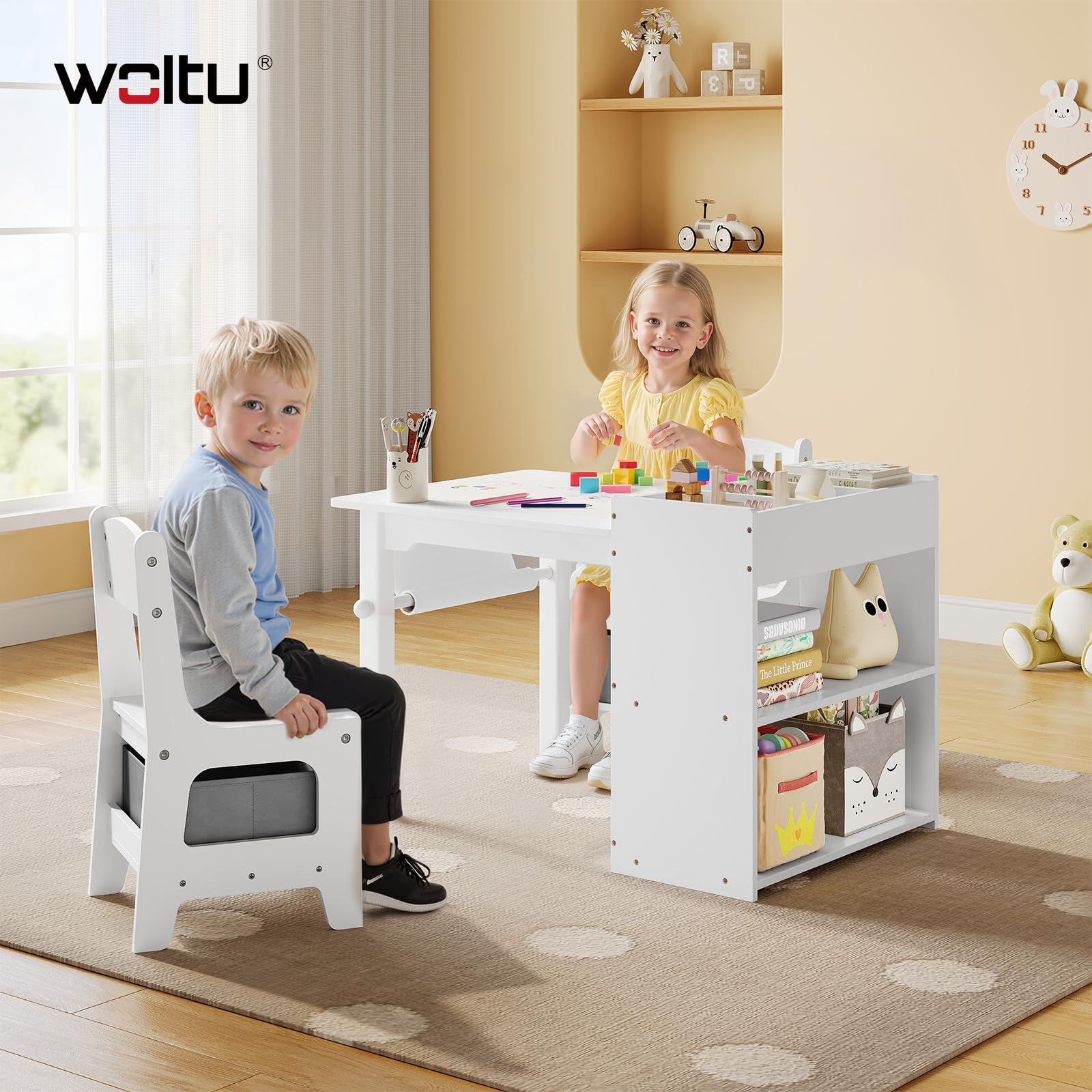WOLTU Mesa Infantil con 2 Sillas, Blanco | Estantería de 3 Niveles, 1 Portarrollos, 2 Cajas de Tela, MDF