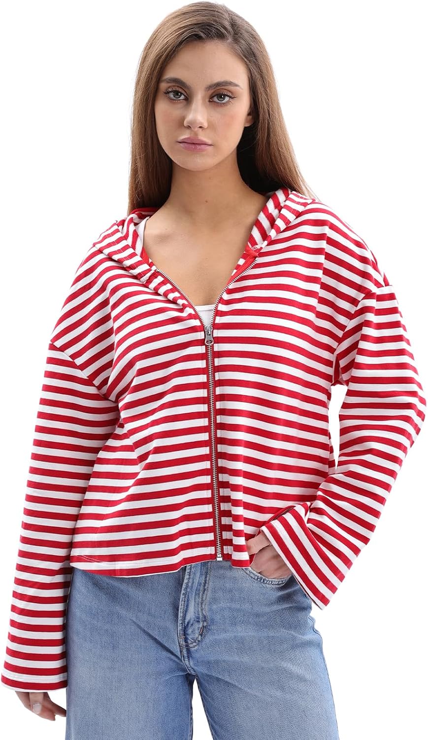 Striped 100% Cotton Cropped Hoodie for Women with Zip-Up Long Sleeves