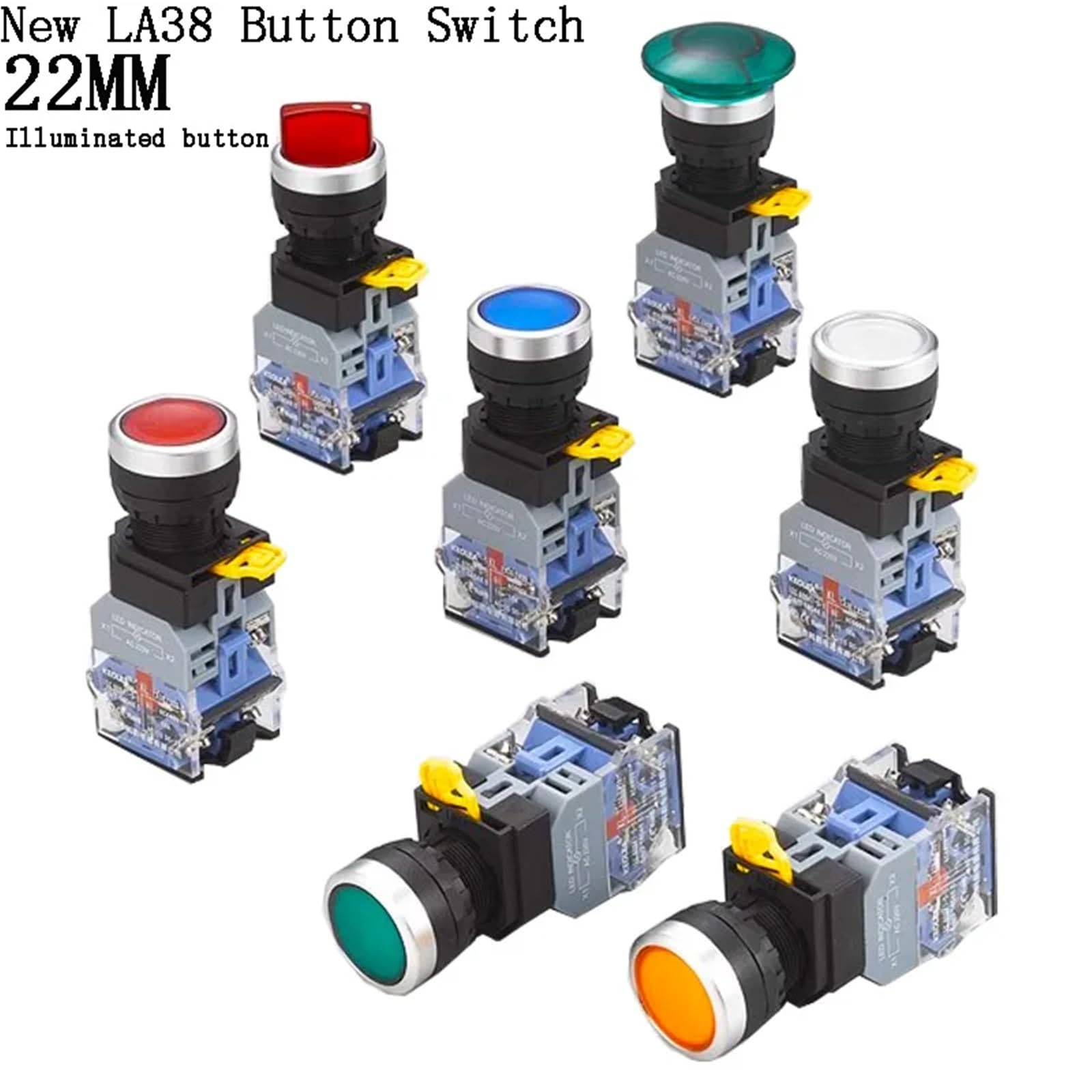 Interrupteur à bouton-poussoir LA38, 22mm, réinitialisation momentanée, tête plate, jogging 6/12V, démarrage rouge et vert, 1 pièce(Blue,6 V)