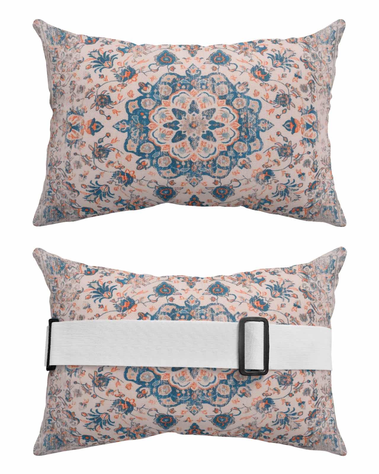 Boho MAndala Floral Outdoor Beach Pool Chaise Lounge Chair Head Throw Pillow Covers 12x20 With Insert And Elastic Stripe Set of 2,Lumbar Cushion Pillow Cases,Navy Blue Orange Ethnic Tribal Bohemian