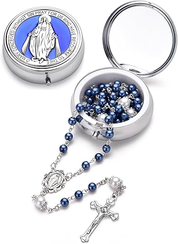 Miniatura 23 de Rosario de perlas de vidrio católico para mujeres, medalla de la Virgen María, rosario de primera comunión para niñas con caja de regalo milagrosa