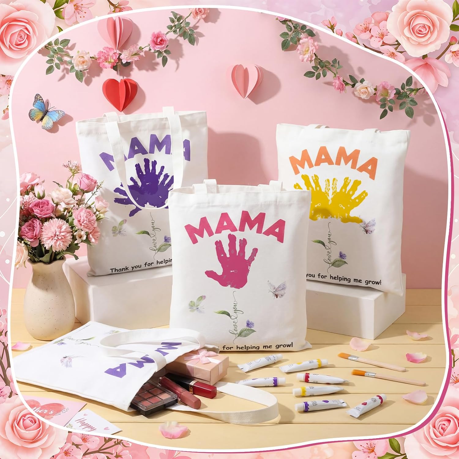 24 Sets Mother's Day Handprint Canvas Tote Bag Gift Craft Kit with Acrylic Paints Brushes Flower Mom DIY Canvas Tote Bag from Daughter Son for Mom Gifts Mothers Day Gifts