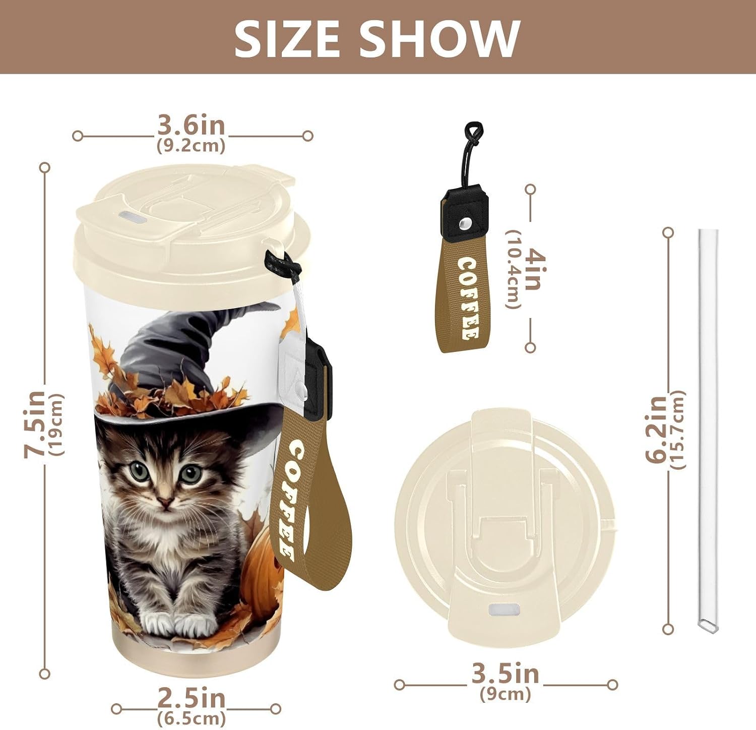 Halloween Cat Pumpkin Fall Insulated Coffee Mug with Straw & Flip Lid, 16.9oz Iced Tumbler Cup, Double Wall Vacuum Mug for Travel Office