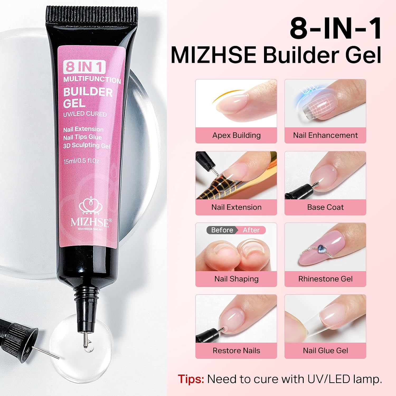 MIZHSE Builder Gel for Nails, 8-in-1 Clear Builder Strengthener Gel for Nail Thickening Tip Design Rhinestone Glue U V LED Extension Gels Kit for Home DIY Salon 15mL