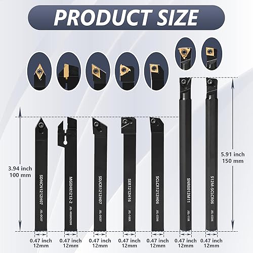 Miniatura 2 de VeYocilk Juego de 21 herramientas de torneado de torno indexables de 12 pulgada y 0.472 in, 7 soportes de herramientas de torneado de metal y 14