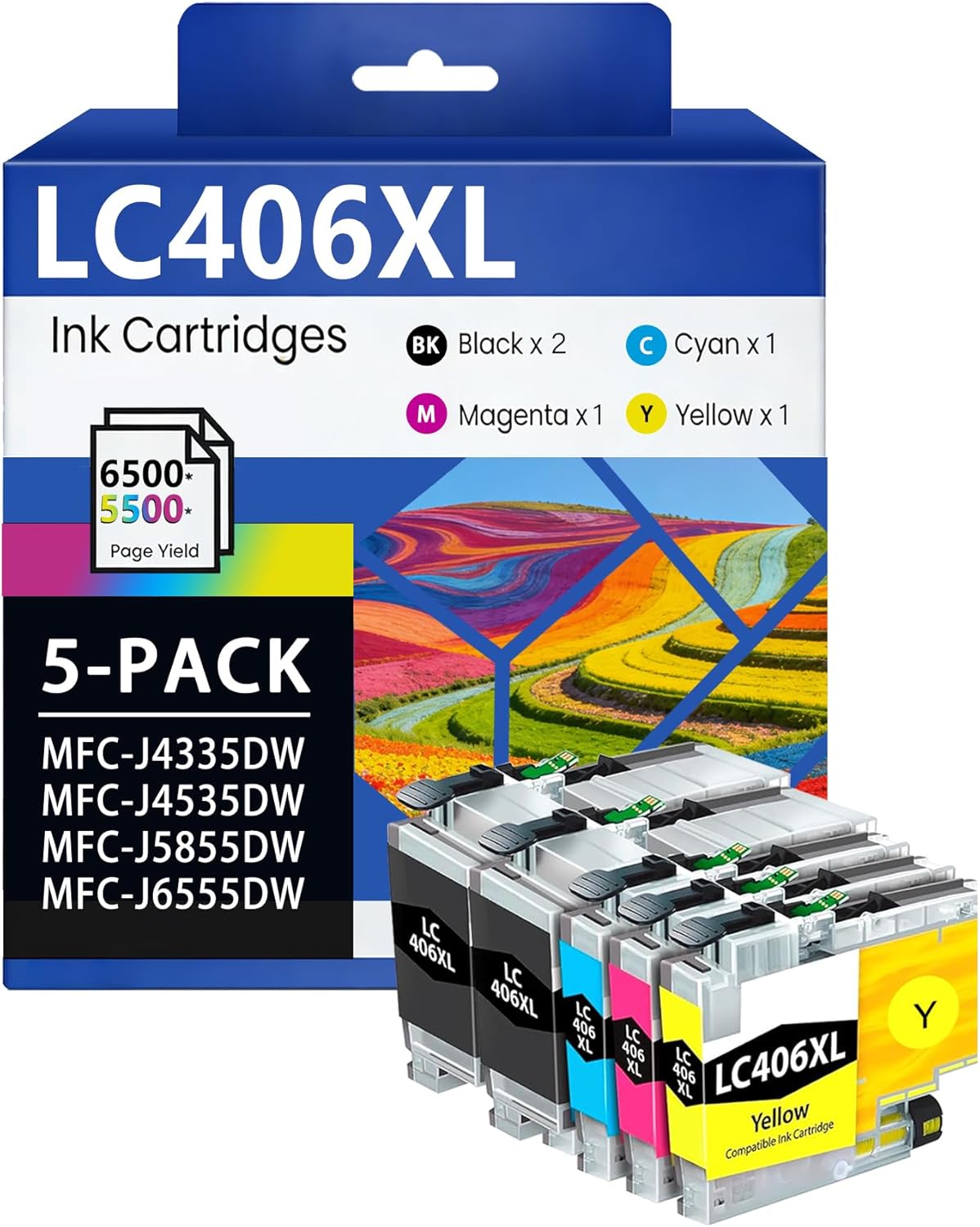 LC406XL LC406 Ink Cartridges High Yield (5 Pack, 2 BK/C/M/Y) Compatible for Brother LC406XL LC406 XL LC406 MFC-J4335DW MFC-J4535DW MFC-J5855DW MFC-J6555DW MFC-J6955DW Printer