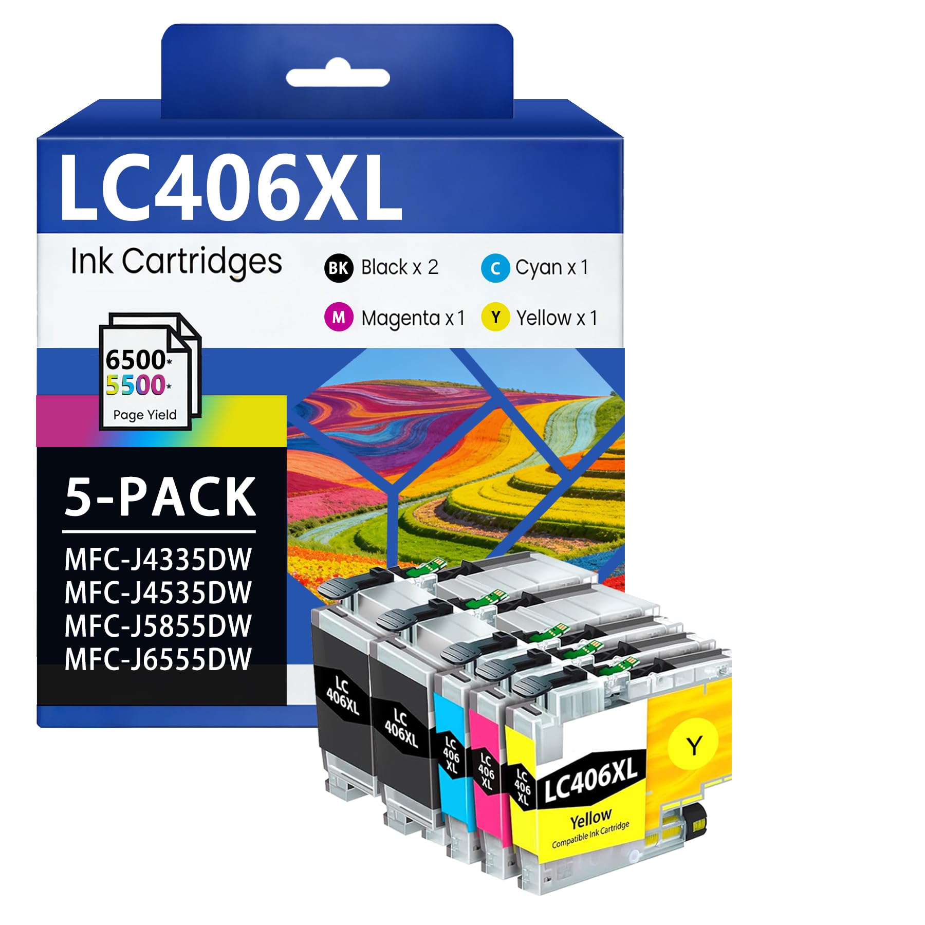 LC406XL LC406 Ink Cartridges High Yield (5 Pack, 2 BK/C/M/Y) Compatible for Brother LC406XL LC406 XL LC406 MFC-J4335DW MFC-J4535DW MFC-J5855DW