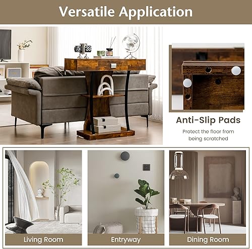 Miniatura 8 de Giantex Mesa de consola estrecha en forma de T detrás de la mesa del sofá con cajón estantes kits dobles antivuelco mesa de vestíbulo moderna mesa