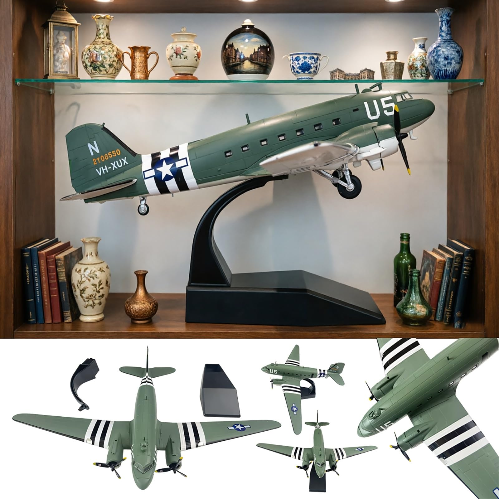 Modello aereo trasporto C-47 in scala 1:100 - Warbird militare in lega con espositore, puntelli rotanti Ruote Decorazione da scrivania for collezionisti, appassionati aviazione, ufficio