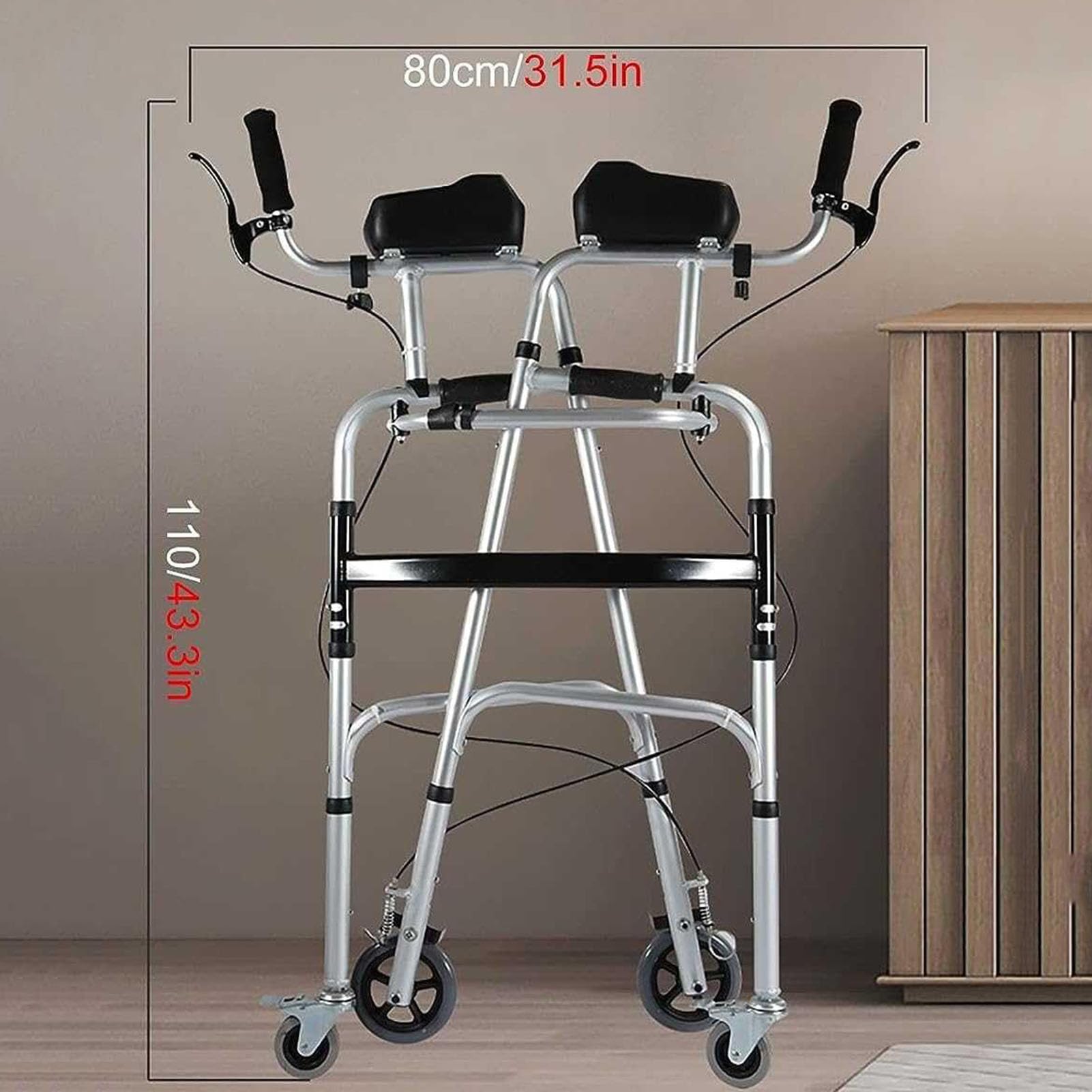 Chodzik z podparciem podłokietnika, składany chodzik 4-kołowy, aluminiowa rama rehabilitacyjna do chodzenia,Silver