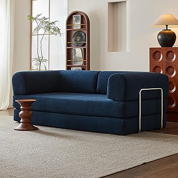 Fold-Out Sofa Bed Modern Loveseat Sofa, Convertible Chair Floor Couch with Backrest, Comfy High Density Foam Mattress, Sofa Bed for Living Room, Corduroy Fabric,Blue,150cm