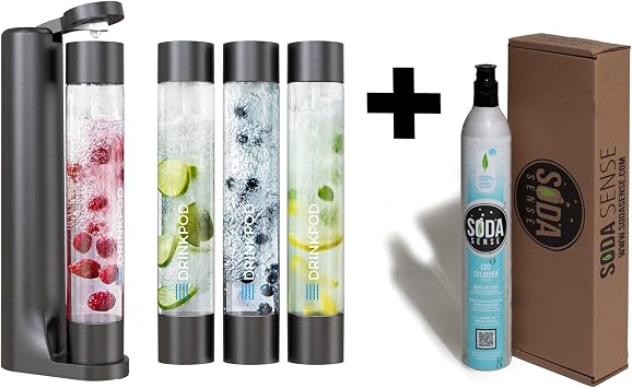 Fizzpod Soda Maker Home Soda Carbonation | Fizzy Bubbly Drink Machine with 3 PET Bottles, 3 Caps, 1 Carbonator Cap and Manual | Make Homemade Sparkle Water, Juice, Coffee, Tea and Cocktail Drinks with Fruit Black+C02