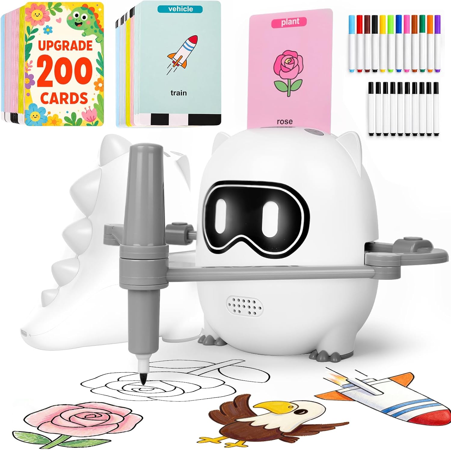 Drawing Robot Toy for Kids Ages 3 4 5 6 7 8, with 200 Cards, Voice Interactive Doodle Bot, Montessori Educational Painting Machine, Learning Art Toy for Boys Girls, Gift Idea