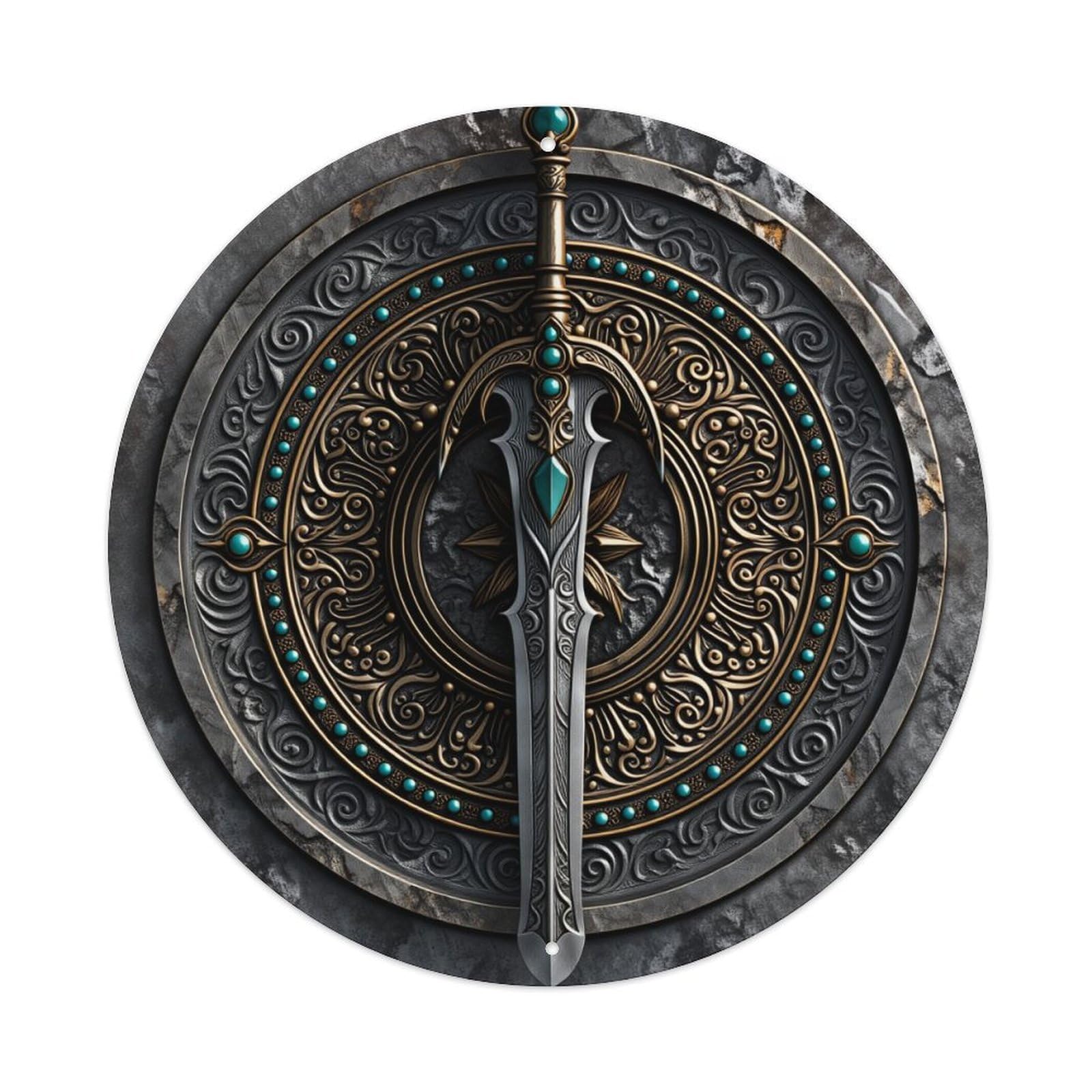 Ornate Metal Sword Shield Design Round Tin Sign Vintage Style Metal Sign Home Bar Garden Wall Plaque Decor Metal Poster 8x8 Inch