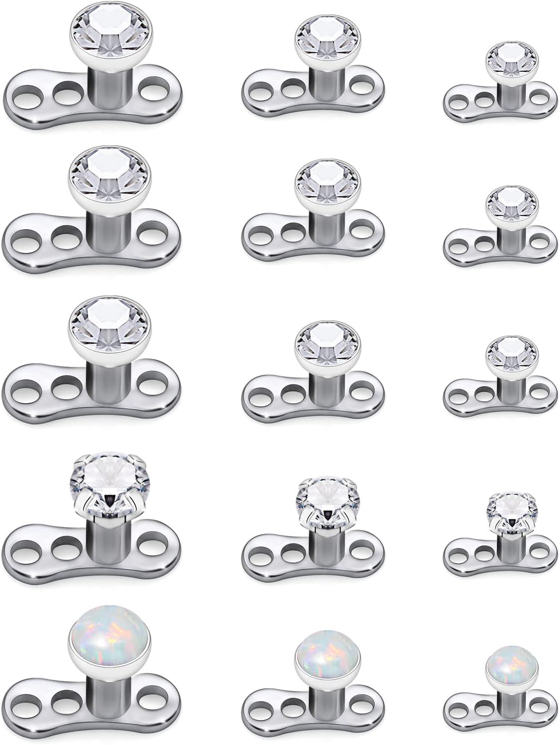 14G Titanium Dermal Piercing Jewelry - Hypoallergenic Base & Top - Internally Threaded Clear CZ Opal Crystal Top - 15PCS