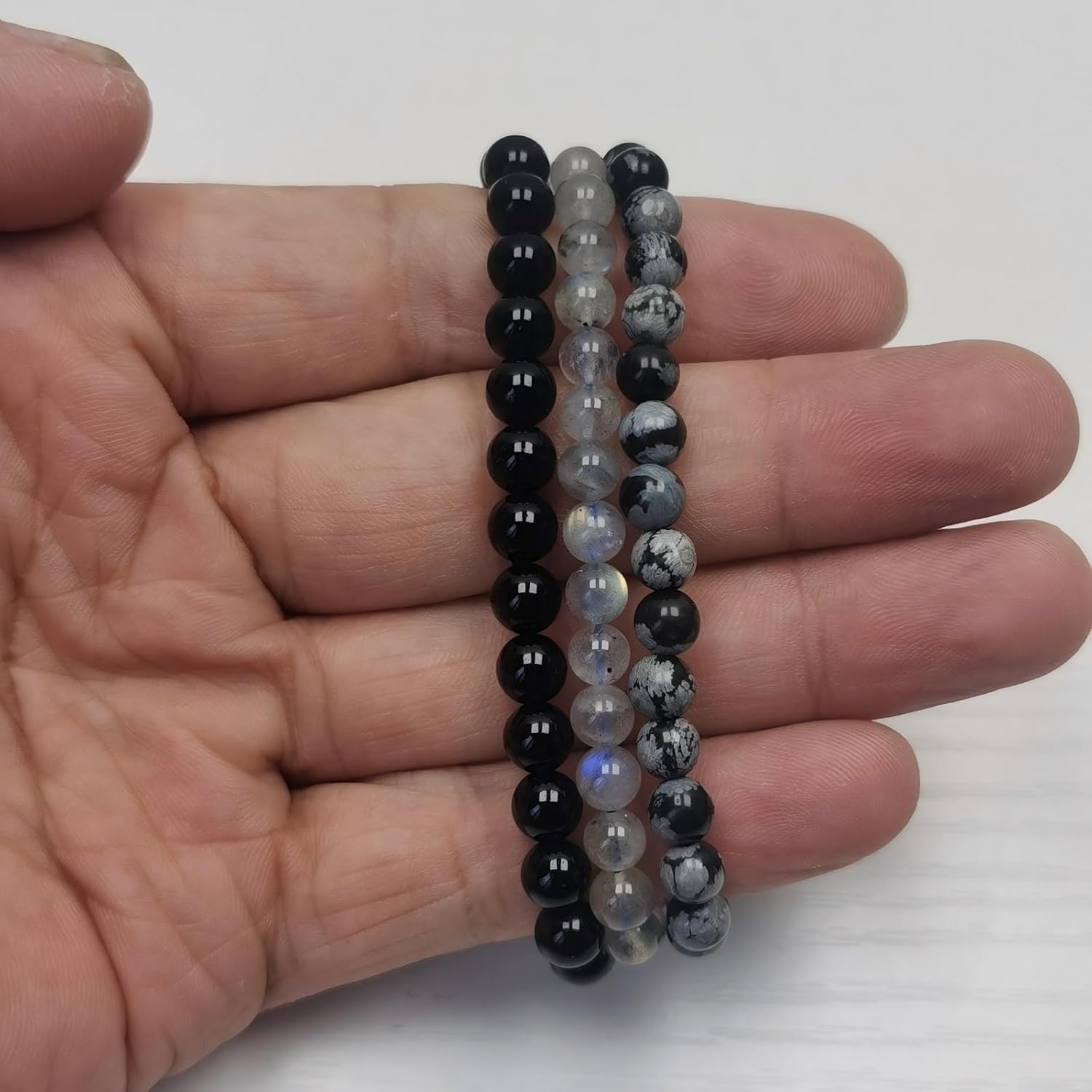 Natural stone bracelet set -6mm obsidian, Labrador, snowflake obsidian round bead elastic bracelet, women's stackable crystal semi precious stone bracelet, yoga bracelet jewelry gift - Image 3