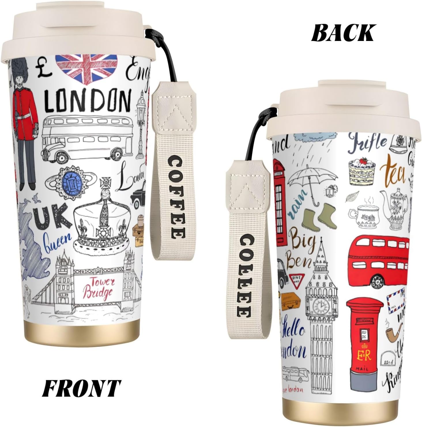 I Love London Print Leakproof Insulated Coffee Mug,Stainless Steel Dual Drink Travel Tumbler,17 OZ