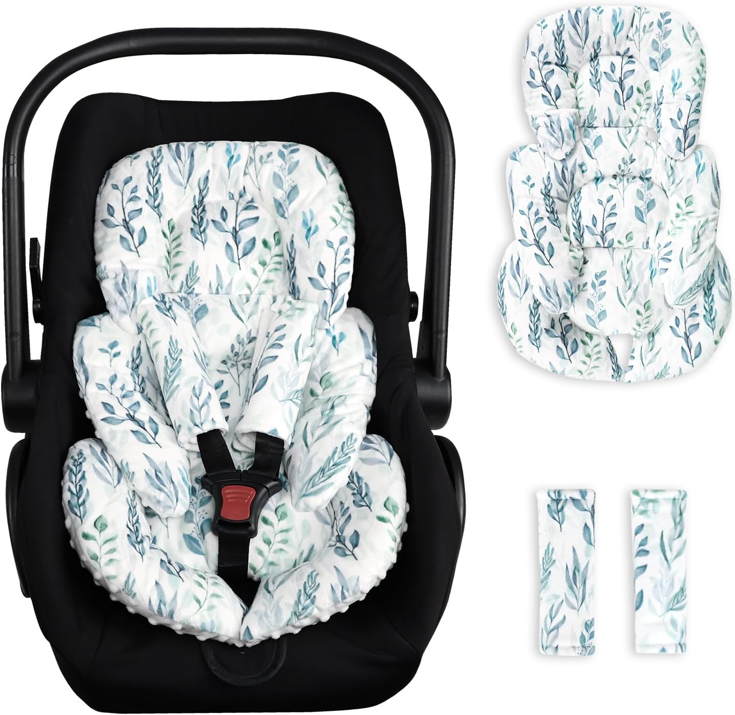 DILIMI Infant Car Seat Insert, Baby Car Seat Head Support with 2 Strap Paddings, Soft Newborn Car Seat Cushion for Stroller, Swing, Bouncers, Green Leaf
