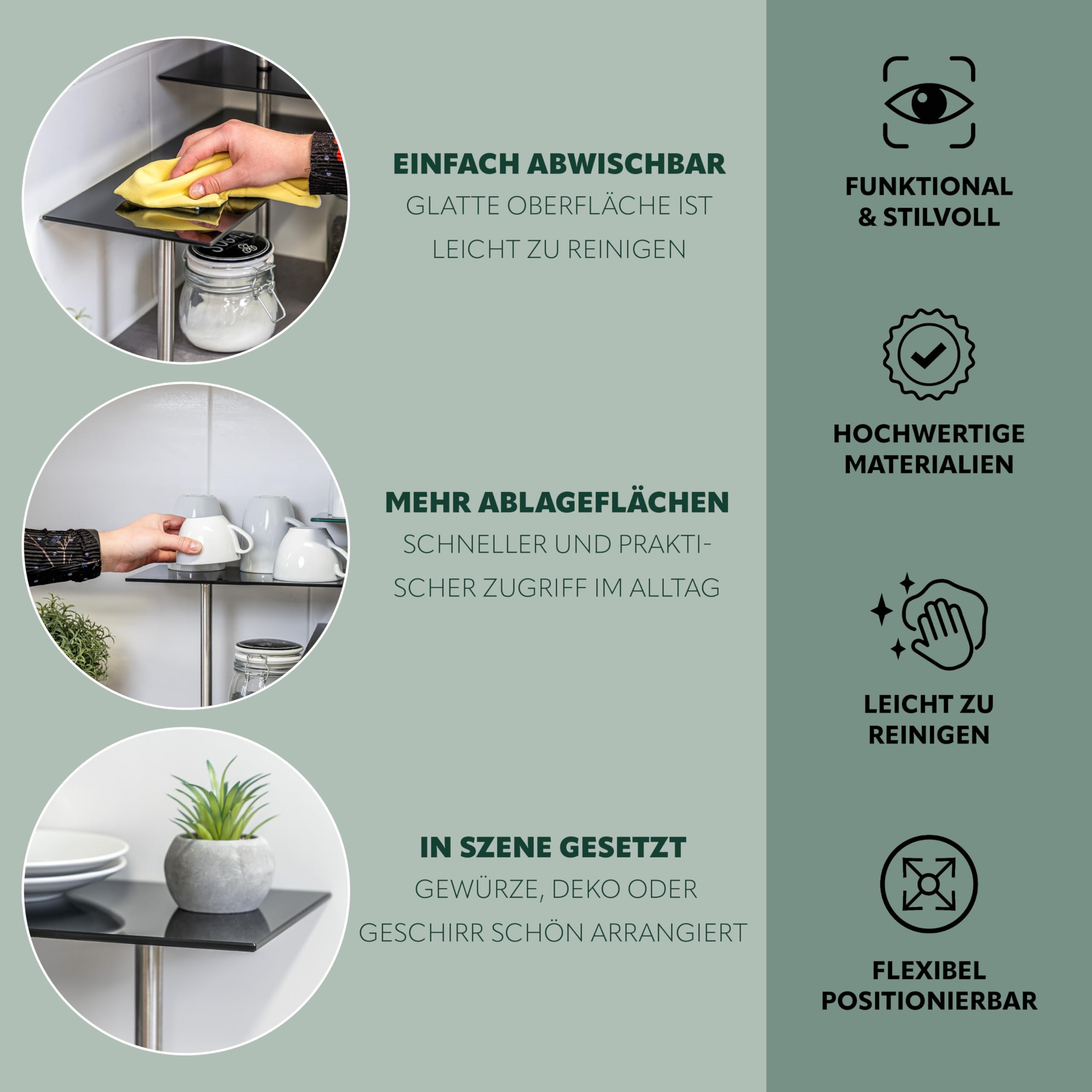 bremermann Scaffale angolare in vetro, scaffale per la cucina in vetro e acciaio inox (Nero)