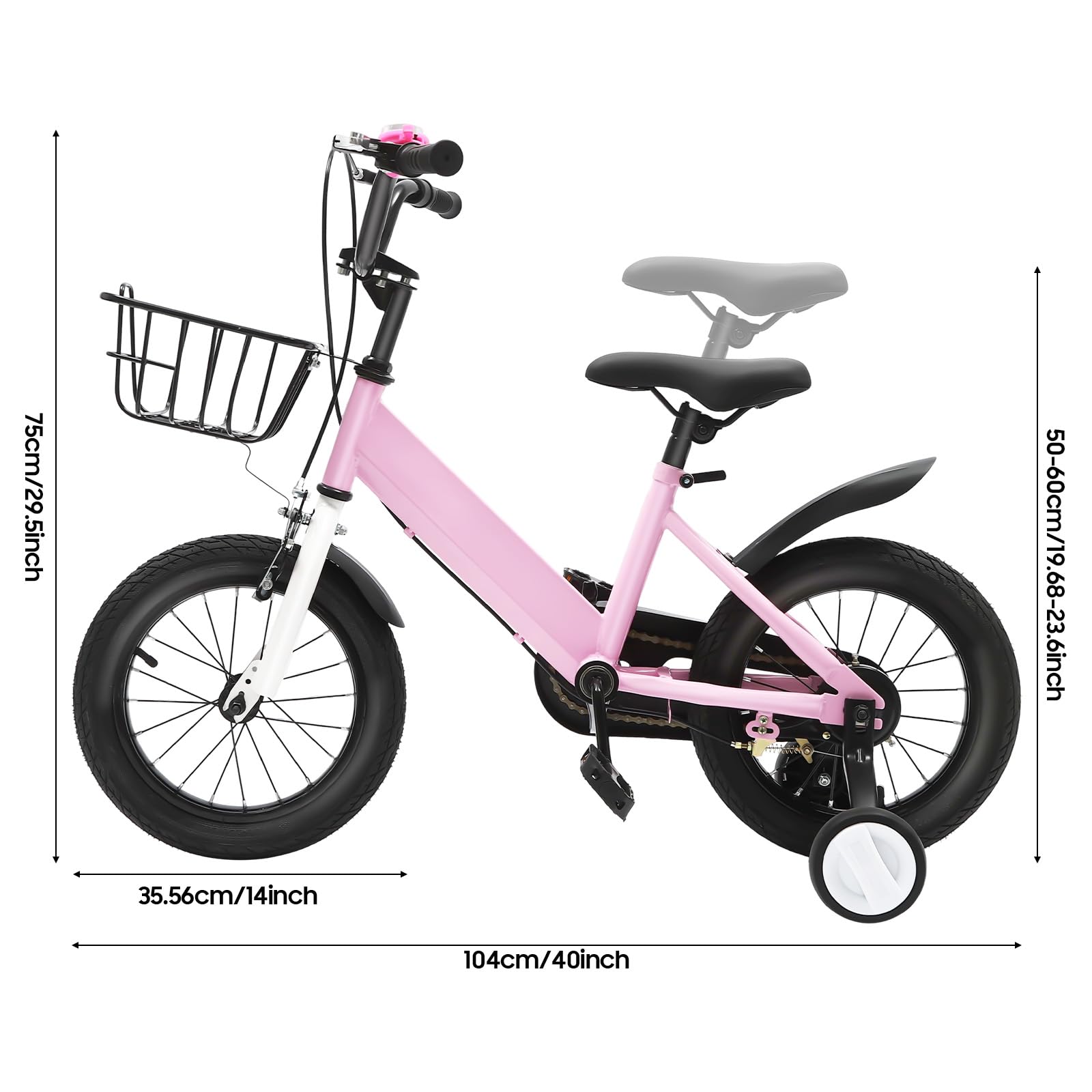 Bicicleta infantil de 14 pulgadas, con ruedines, cesta y borlas para el manillar en color rosa, para niñas y niños a partir de 3-5 años, manillar y asiento ajustables en altura, freno delantero