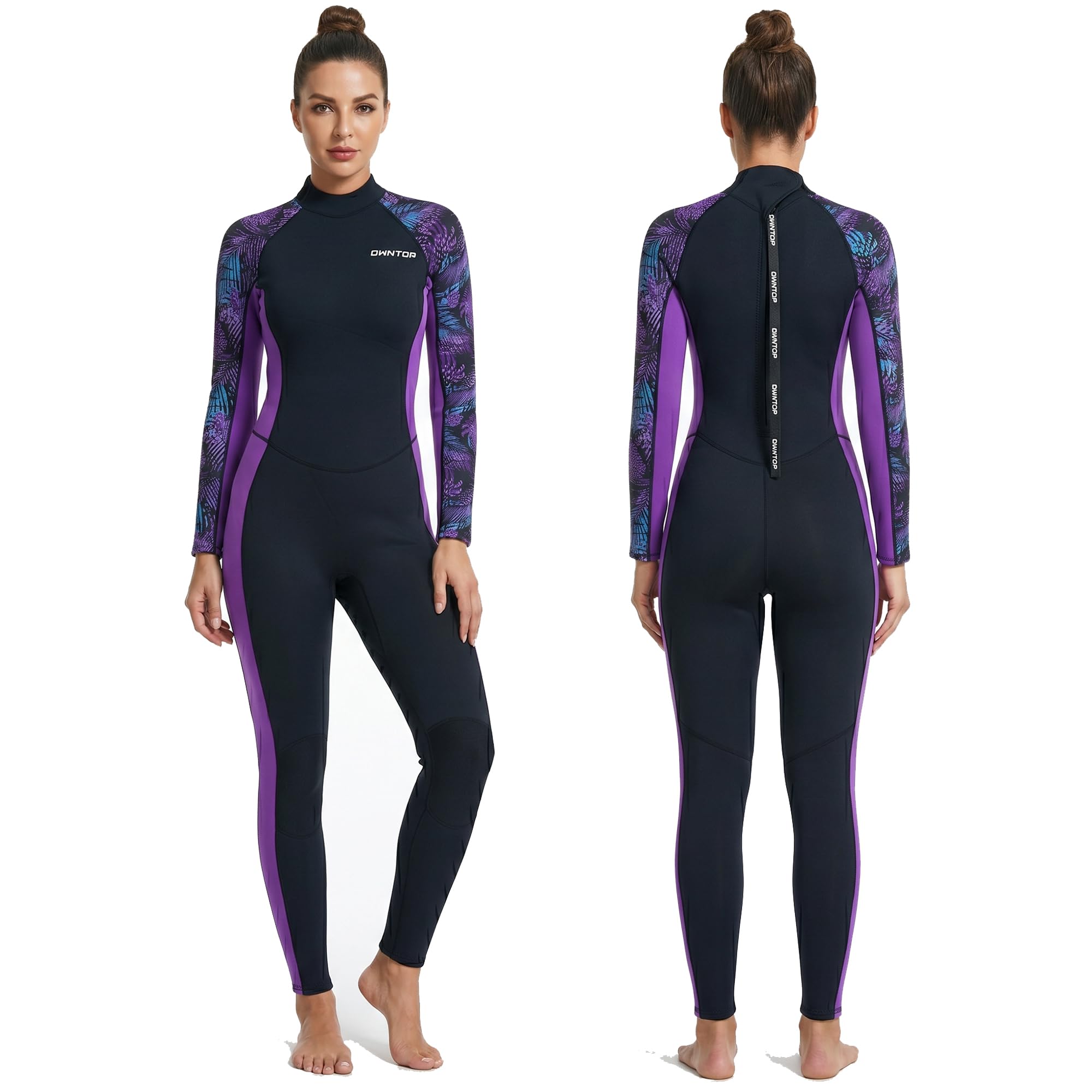 Owntop Women Wetsuit 3/2mm Neoprene Full Body Dive Suit, Back Zip Long Sleeve Wet Suits for Scuba Diving Surfing Snorkeling, Thermal for Cold Water with UV Protection, Purple Leaf M