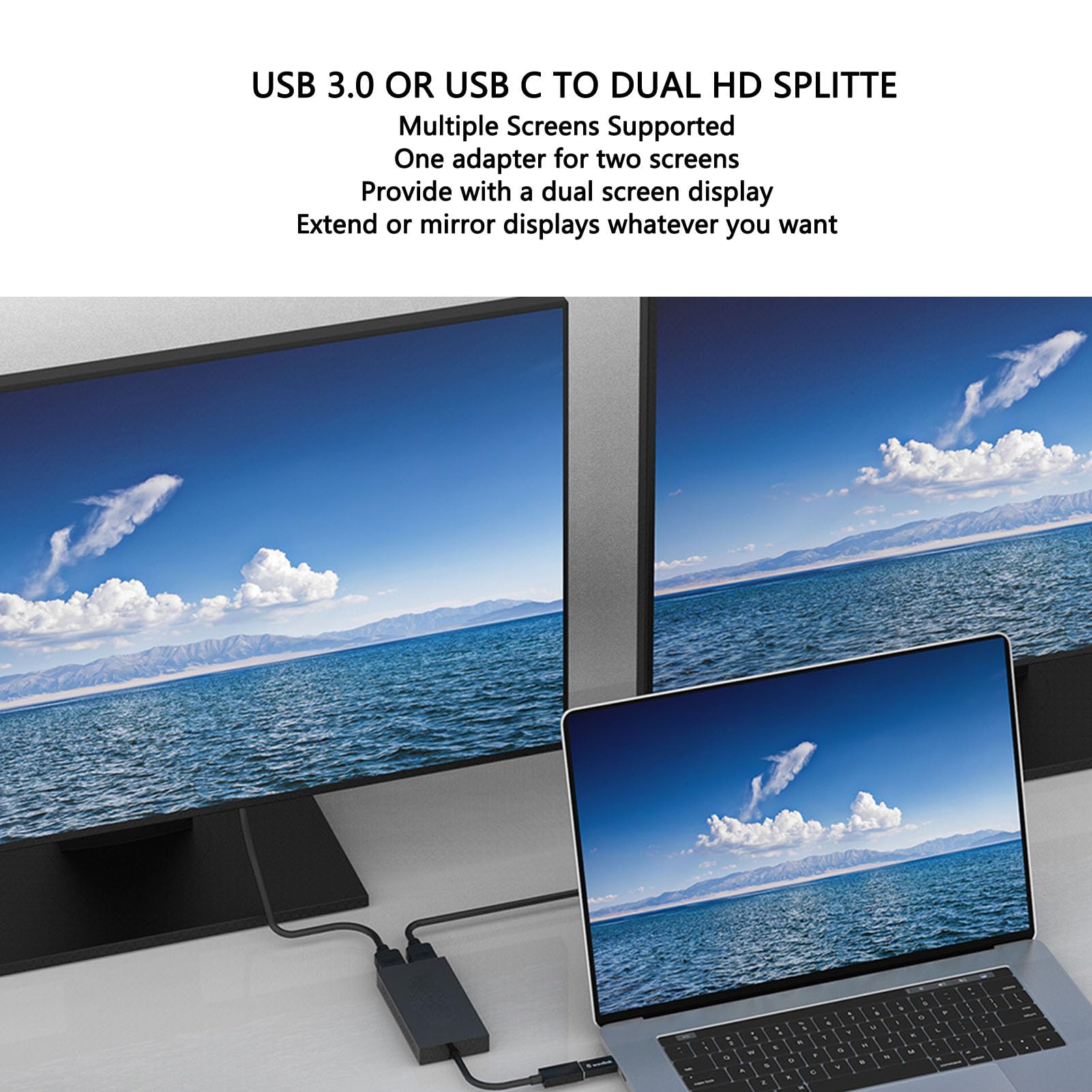 Rozdzielacz USB 3.0 lub USB C na Podwójny HDMI, Adapter Wyjściowy 2 w 1 na HDMI, Rozszerzony Wyświetlacz 4K/2K, Adapter Graficzny do Wielu Monitorów