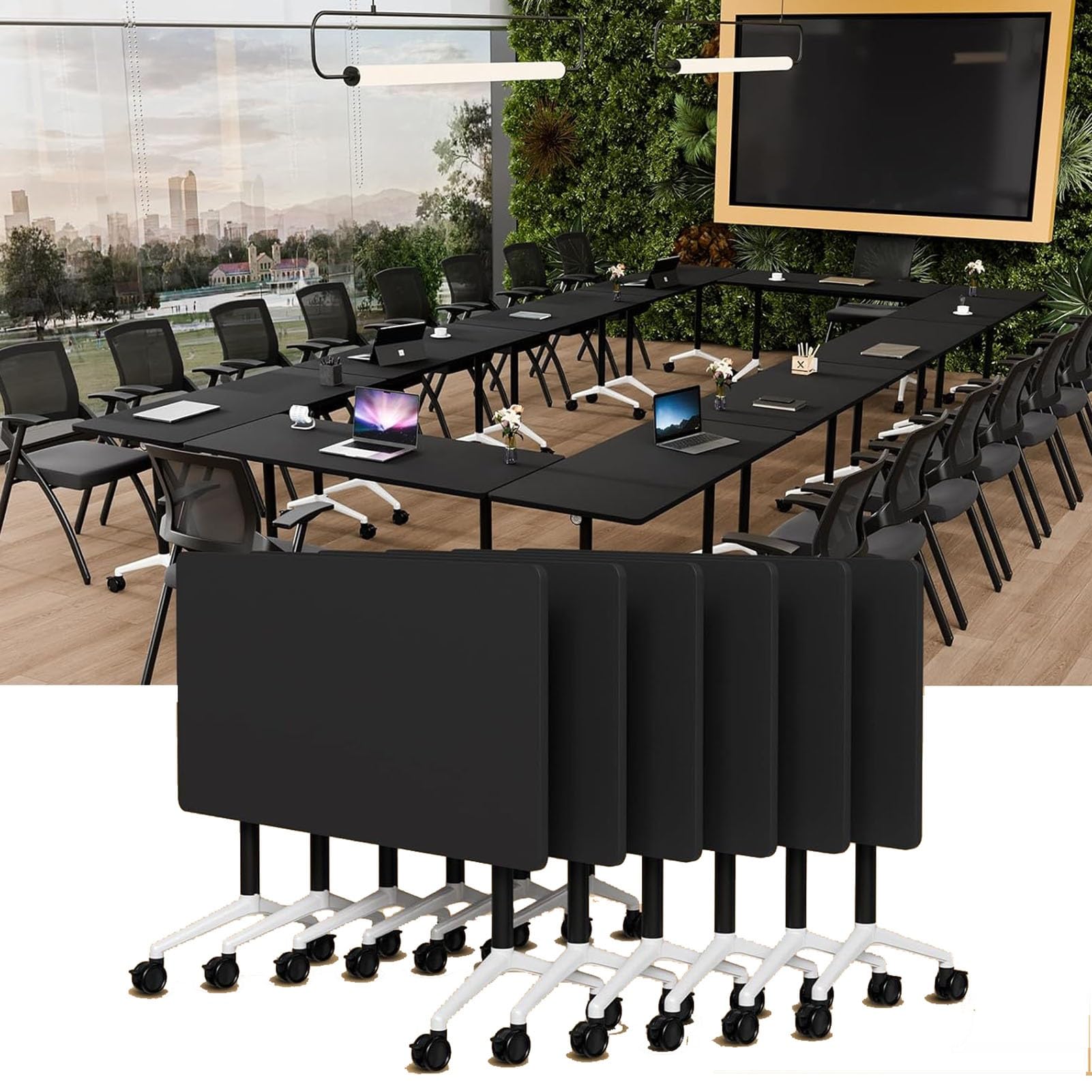 Lot de 6 tables de conférence modulables pliantes avec roulettes - Gain de place - Table d'entraînement à rabat - 119,4 à 180,3 cm - Polyvalente - Pour bureau, salle de classe et séminaire - Noir