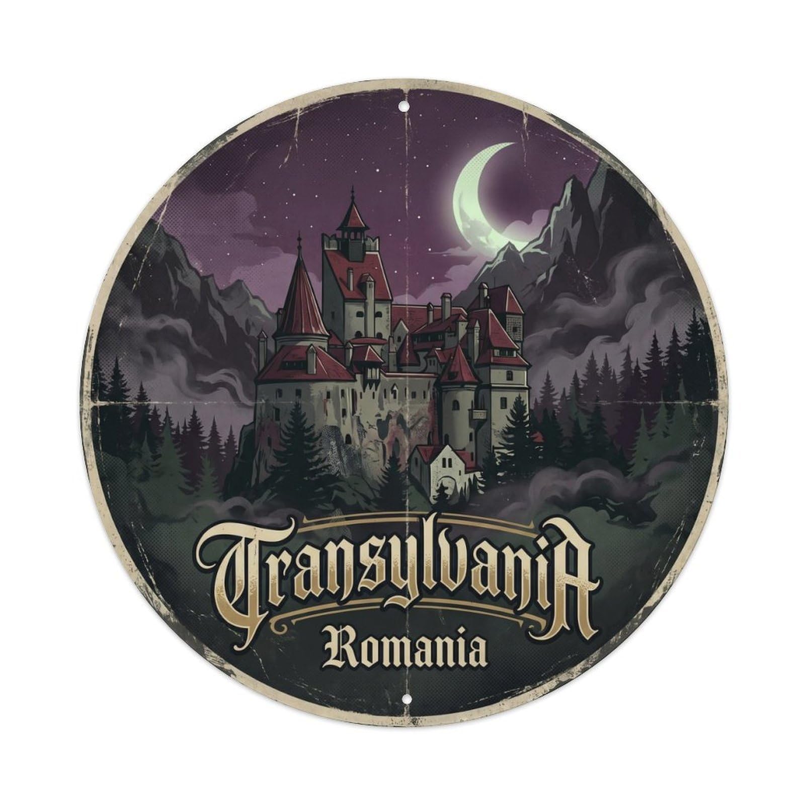 Vintage Travel Bran Romania Transylvania Metal Tin Sign Plaque Wall Decor for Cafe, Club, Garden Round Metal Poster 8x8Inch
