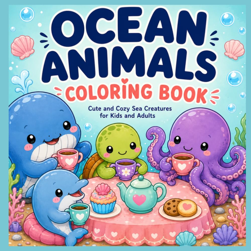 OCEAN ANIMALS COLORING BOOK: Cute Sea Creature Coloring Pages with Whales, Dolphins, Turtles, Octopuses and Underwater Adventures for Kids and Adults
