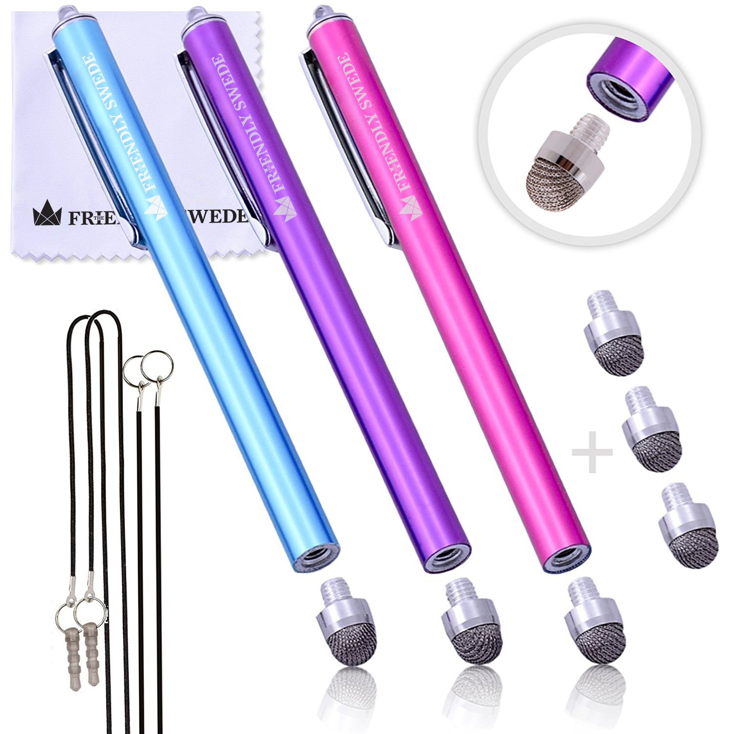 The Friendly Swede Replaceable Tip Hybrid Stylus (3 Pack), Hot Pink, Light Blue and Purple