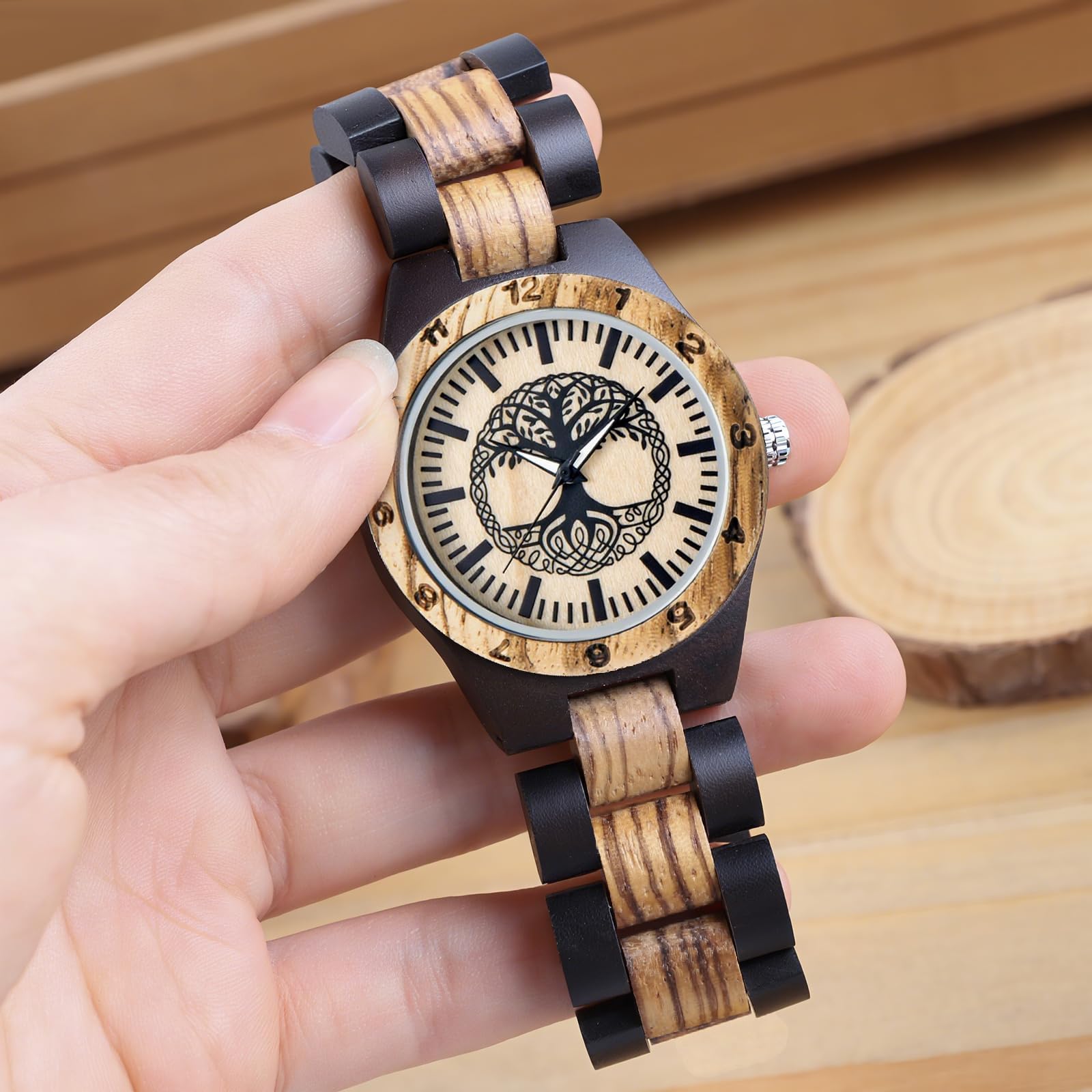 Tiong Damen Holzuhr Bunte Bambus Holzuhren Analoge Quarz Damenuhren für Frauen Verstellbar Holz Leichte Armbanduhr