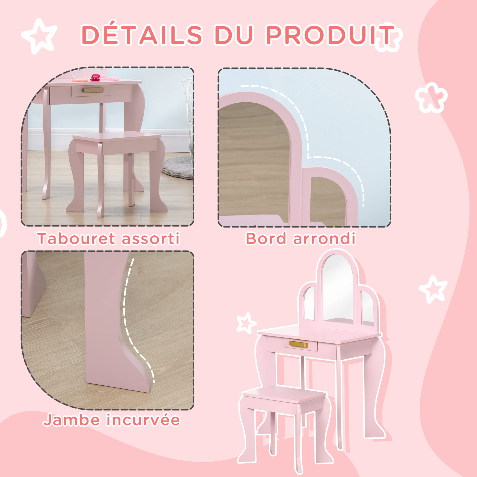 HOMCOM Coiffeuse Enfant Table de Maquillage avec Tabouret 3 miroirs et tiroir Meuble de Maquillage en Bois pour Petites Filles 3 à 6 Ans - 52 x 32 x 85 cm - Rose