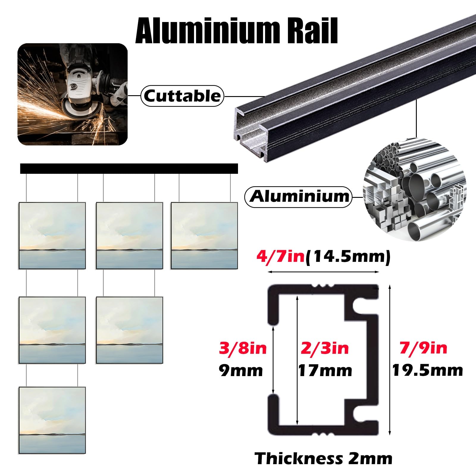 Système d'accrochage de Tableaux Clip-Rail - Rail de galerie de 80 cm avec Supports pour Cadres Photo, Crochets et Cordon de 2,5 m pour Une Installation Facile à la Maison et au musée