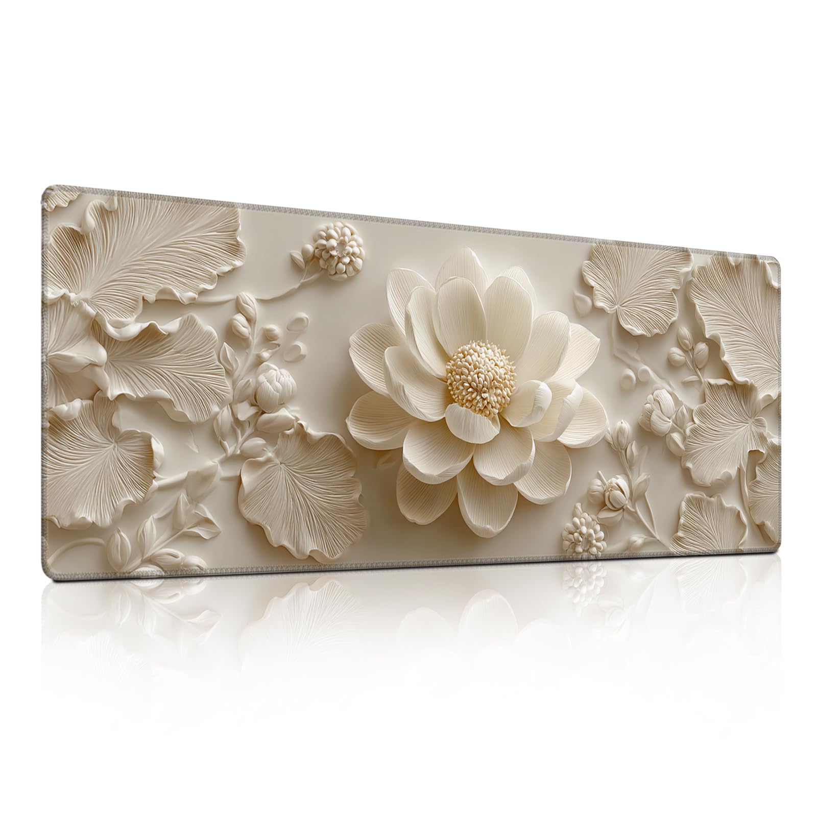 Lotus Relief Mouse Pad, Luxury Beige Water Lily &amp; Leaf Decor Desk Mat - Large Non-Slip Office PC Laptop Desk Pad - 31.5"x11.8" x 3mm