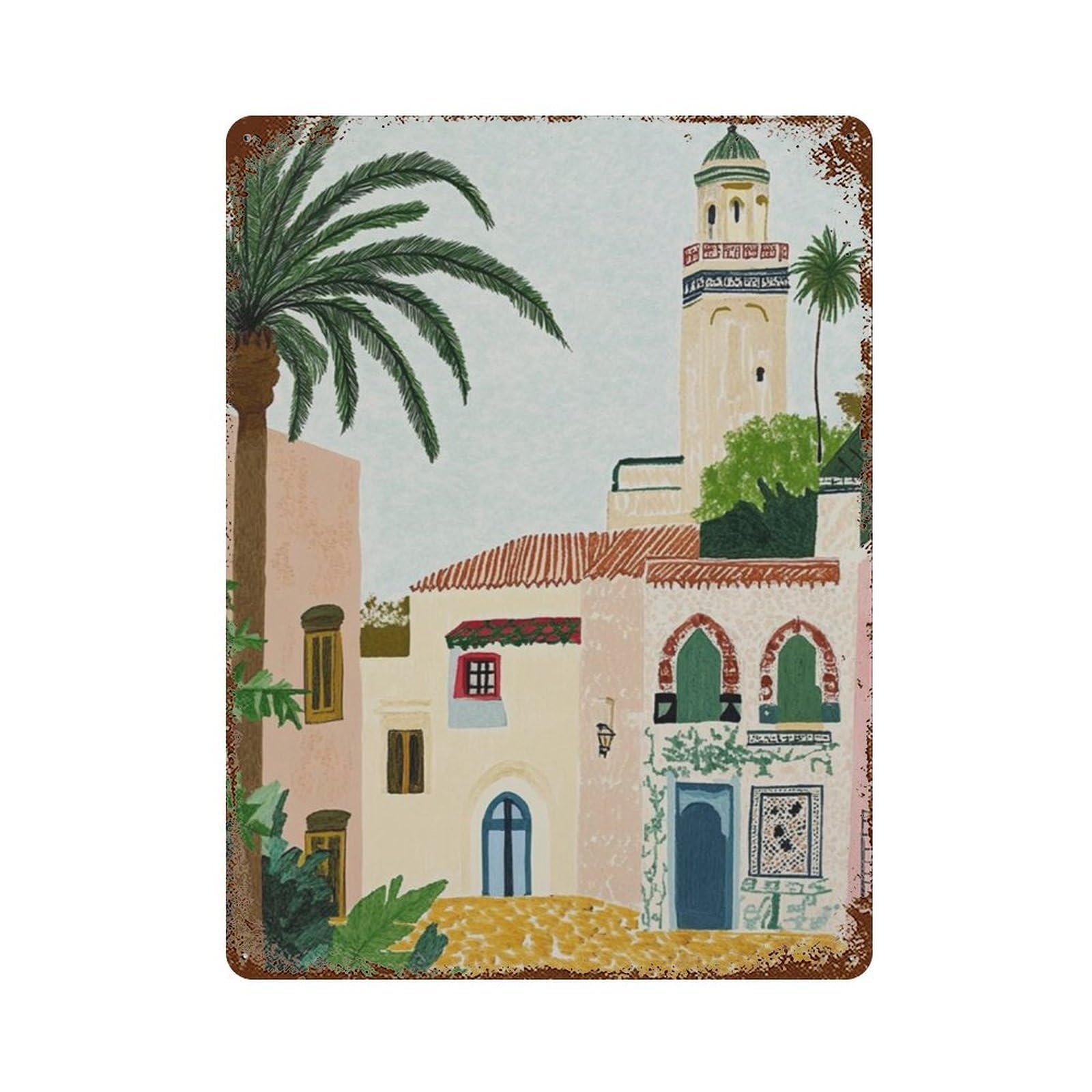 xiaoxiaoshen Moroccan Street Colorful Building Mediterranean Palm Travel Style Boho Wall Decor Art Metal Tin Poster Modern Home Decor Art Home Bar Shop Decorations Vintage Sign 40x30cm